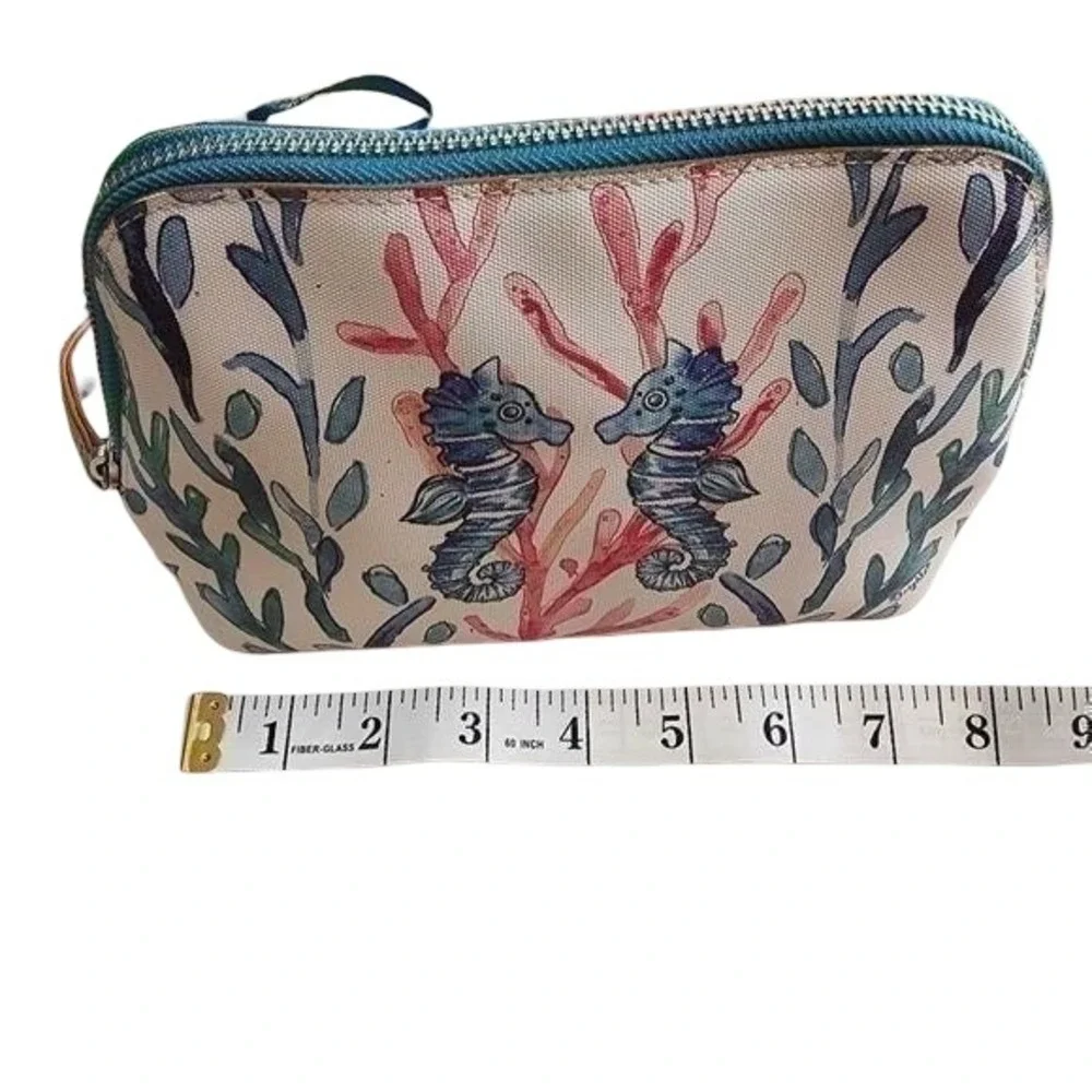 Brighton Seahorse Coastal Coated Canvas Cosmetic Pouch Makeup Bag Blue Pink‎